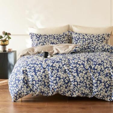 Imagem de LEMIROE Edredom de algodão floral marinho tamanho solteiro 2 peças - estampa elegante de flores brancas em azul, costas acinzentadas, conjunto de cama leve com enchimento alternativo macio (1 edredom