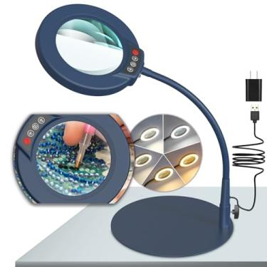 Imagem de Krstlv Lupa de 10 x com luz e suporte, 5 modos de cores, lâmpada de mesa iluminada por LED regulável contínua, lupa flexível de pescoço de ganso com luz para artesanato, passatempo, pintura, trabalho