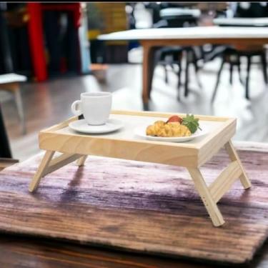Imagem de Bandeja de Café da Manhã Dobrável em Madeira, Mesa Portátil para Servir, Natural