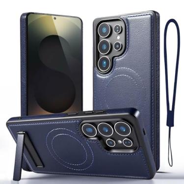 Imagem de Moment Dextrad Capa de couro magnético para Samsung Galaxy S25 Ultra azul, suporte embutido, compatível com MagSafe, alça de silicone, proteção interna de TPU, capa fina à prova de choque