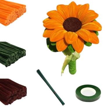 Imagem de HXDISWSM Conjunto de 161 peças de limpadores de cachimbo de flores, buquê de flores, feito à mão, kit completo para crianças, faixa de cabelo de tulipa verde de pelúcia criptografada com girassol