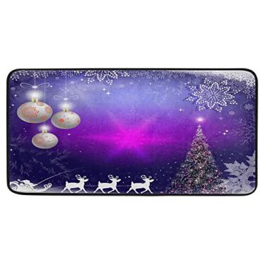 Imagem de ALAZA Tapetes de cozinha de Natal roxos flocos de neve árvore Papai Noel em cervos tapetes de cozinha antiderrapantes macios tapetes de chão de cozinha tapete de banho tapete de corredor tapete para decoração de casa 99 x 20 polegadas