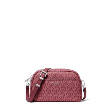 Imagem de Michael Kors Bolsa transversal pequena para câmera Jet Set, ferragens prateadas/tonal MK Signature Coated Twill/Oxblood