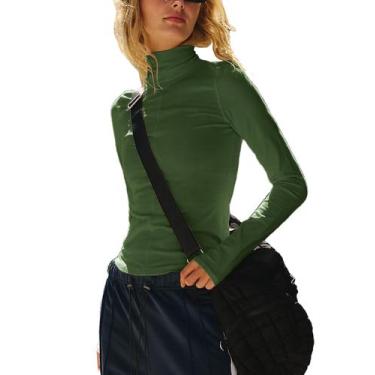 Imagem de Blusa curta feminina de manga comprida com gola alta Tiko Miko, verde,