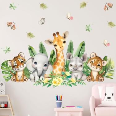 Imagem de Decalques de parede de animais de safári da selva, desenhos animados em aquarela, animais da floresta, elefante, girafa, macaco, urso, raposa, coelho, adesivos de parede removíveis para quarto de bebê