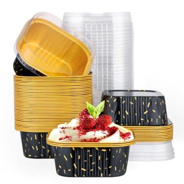 Imagem de EUSOAR Formas de bolo com tampas, 50 peças de 300 ml, forros de cupcake quadrados, ramequins descartáveis, recipientes de folha de alumínio, copos de muffin para assar mini bolo, porta-pão, para festa