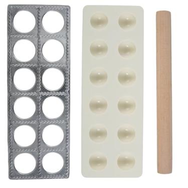 Imagem de HSHGZSR Máquina de ravioli de liga de alumínio, 12 raviolis de cada vez, conjunto de moldes de bolinho de massa, molde de ravióli, bandeja e prensa para ravioli caseiro, prensa com rolo de massa para
