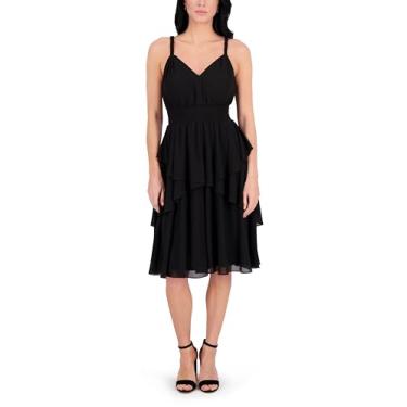 Imagem de Siena Vestido feminino sem mangas com decote em V liso Souflee Crepe em camadas na altura do joelho, Preto, 40