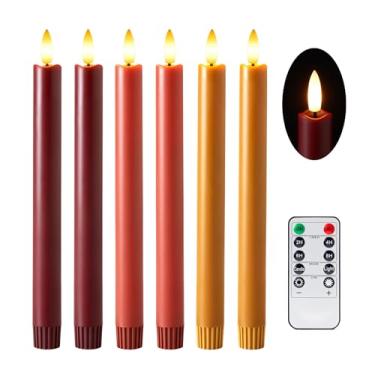 Imagem de Velsyn Velas cônicas sem chama de outono com controle remoto e temporizador, 25,4 cm 6 unidades de castiçais de LED, pilhas de ação de graças com chama cintilante 3D, bordeaux, terracota e caramelo