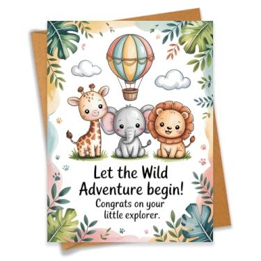 Imagem de PEONYNFOX Cartão de chá de bebê Congrats On Your Little Explorer Animais de safári Saudações para novos pais - Tamanho 16 x 12 cm em branco por dentro com envelope Kraft