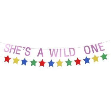 Imagem de Etaredkj She's a Wild One Girl Baby Pink Glitter Banner, Miss Onederful Baby Gender Party Banner para meninas, decorações de chá de bebê, placa de chá de bebê para meninas, suprimentos para festa de