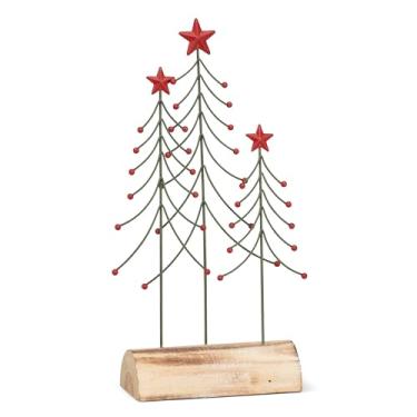 Imagem de Abbott Collection Estatueta decorativa de árvores de arame grande em base de tronco - metal/madeira, verde/vermelho (30 cm A)