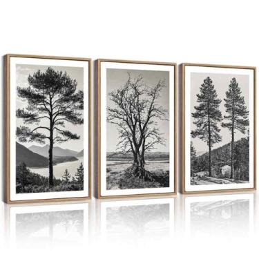Imagem de KUVIOKE Arte de parede em tela emoldurada de árvore vintage preto e branco retrô desenhos de floresta antiga natureza natureza esboço pintura de parede decoração moderna 40 x 61 cm (moldura natural)