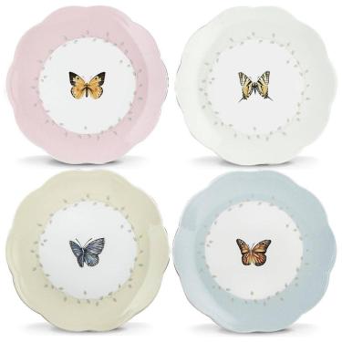 Imagem de Conjunto de Pratos para Sobremesa com 4 Peças, Formato Ondulado Redondo, Tema Borboleta e Material de Porcelana, LENOX 6444731, Colorido