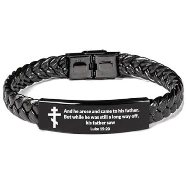 Imagem de DOMYUHAO Pulseira de aço inoxidável cristã com cruz ortodoxa - joia de oração de Jesus gravada personalizada, punho de Páscoa ortodoxo João 1:1 ajustável para presentes de batismo, mosteiro ou filho