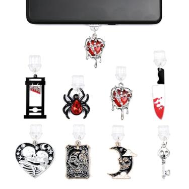 Imagem de JANLOVE 8 peças de pingentes para Kindle, design de aranha fantasma escuro de Halloween, compatível com berloque de plugue de poeira Kindle e acessórios de portas de carregamento USB tipo C para