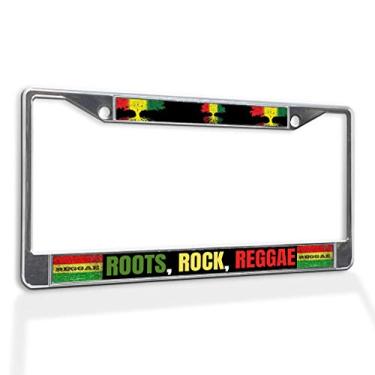 Imagem de Fastasticdeals Raízes de moldura de placa de carro com inserção de metal, Rock, Reggae Jamaica, acessórios de carro à prova de intempéries cromado 2 furos inserção sólida