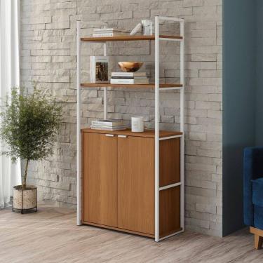 Imagem de Estante Alta para Livros com 2 Portas Industrial Canela/Branco Brilho