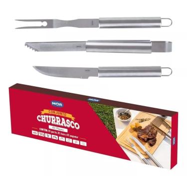 Imagem de Jogo Para Churrasco Faca Garfo Pegador Aço Inox 3 Peças Mor