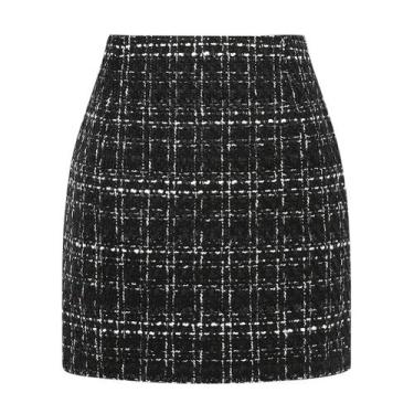 Imagem de Saia Kinghua Tweed Xadrez Mini de cintura alta Bodycon Feminina