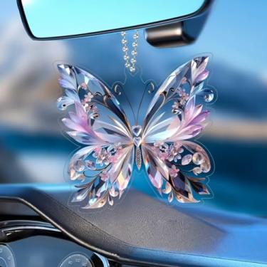 Imagem de Ornamentos para pendurar em acrílico borboleta com corrente - design de flor elegante 2D, mudança de cor | para espelho retrovisor de carro, maçanetas de porta, bolsas escolares | Decoração de jardim