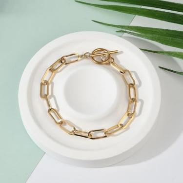 Imagem de Pulseira de corrente de clipe de papel de aço inoxidável dourado para mulheres 20,32 cm com fechos de alternância para presentes personalizados de aniversário e Natal