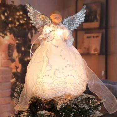 Imagem de Vigdur Topo de árvore de anjo de Natal – enfeite de árvore de Natal de anjo iluminado de 33 cm com luzes de LED, decorações de Natal elegantes de anjo para casa, festa, casamento, presentes de Natal