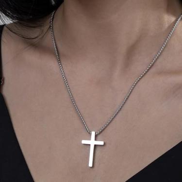 Imagem de Colar com pingente de cruz, joia religiosa minimalista em prata, colar Faith para homens e mulheres, TotalLength 28Inches, Aço inoxidável, Sem Pedra Preciosa