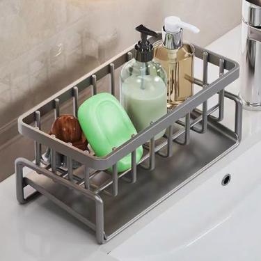 Imagem de Suporte de esponja para pia de cozinha, organizador de esponja de aço inoxidável 304 à prova de ferrugem, dispensador de sabão e rack de armazenamento de banheiro cinza