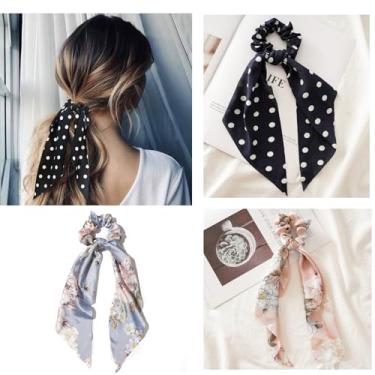 Imagem de Cachecol de cabelo para mulheres, laço atado, laços de cabelo com estampa floral, faixas elásticas, fita de cabelo apertada, suporte de rabo de cavalo para meninas, 3 peças, floral e bolinhas