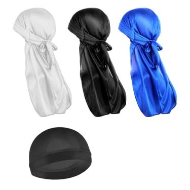 Imagem de 4 peças de touca de turbante de cauda longa Durag sedosa, Durags elásticas, macias, respiráveis, meias onduladas, para homens e mulheres, corrida, fitness, ciclismo, caminhada, acampamento, azul
