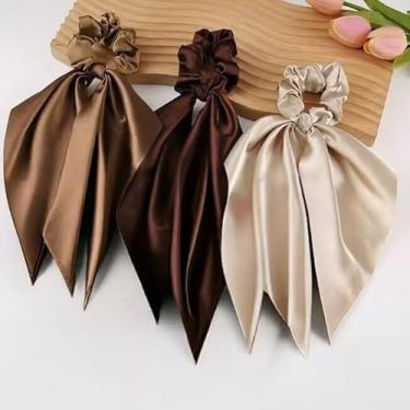 Imagem de 3 peças de lenços de cabelo elásticos para mulheres, laços de cabelo com laço com fita de cetim longa, faixas de cabelo lisas e apertadas, acessórios de cabelo para senhora (marrom champanhe cáqui)