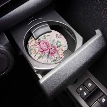 Imagem de Conjunto de 2 porta-copos de carro com rosas rosas e flores vintage, botânicas, românticas, pedra de cerâmica absorvente com entalhe de dedo para facilitar a remoção do porta-copo automático