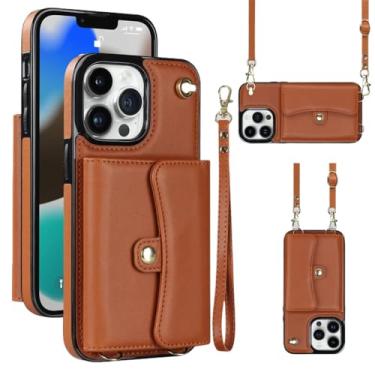 Imagem de Capa de telefone carteira crossbody com cordão para iPhone 15 14 13 12 11 Pro XS Max XR X Plus Capa com suporte para cartão Bolsa de couro, marrom, para iPhone 15