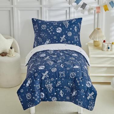 Imagem de DuShow Jogo de cama infantil azul marinho para meninos, 4 peças, edredom macio em uma bolsa, inclui edredom acolchoado, lençol de cima, lençol com elástico, fronha envelope