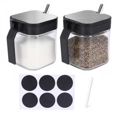 Imagem de Mowhut Recipientes transparentes para temperos, 2 recipientes de condimentos com tampas e colheres de aço inoxidável, saleiro de vidro e pimenteiro, dispensador de açúcar para chá de açúcar e sal