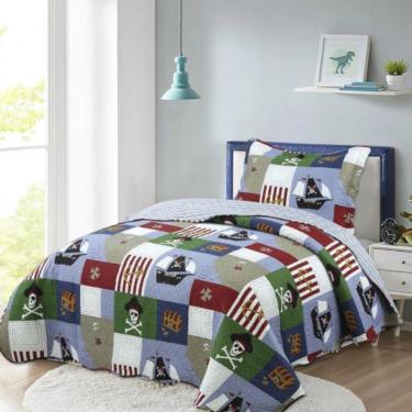 Imagem de Kit Cobre Leito Colcha Solteiro Infantil Studio Dupla Face Estampado 2 Peças - Pirata - Azul - 100% Poliéster