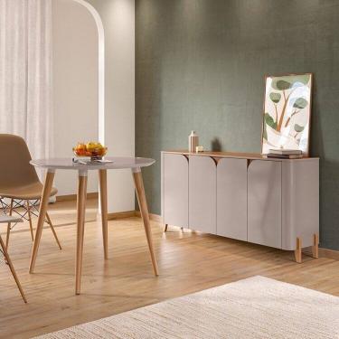 Imagem de Buffet Memphis 165cm e Mesa Redonda com Tampo de Vidro e Pés de Madeira Maciça Veneza Off White / Cedro