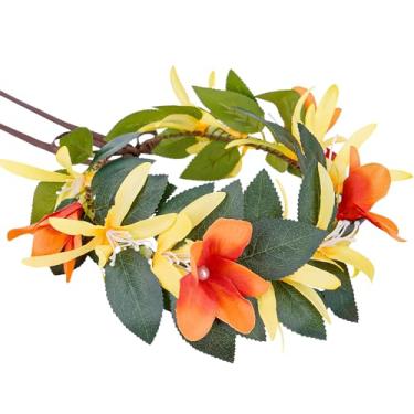 Imagem de KorViSHOW Tiara de coroa floral havaiana, faixa de cabeça de flor tropical laranja, acessórios de cabelo havaiano artificiais para mulheres, meninas, verão, praia, casamento, festival, hula, acessório