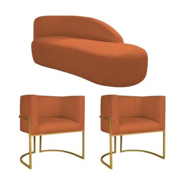 Imagem de Kit Divã Luna 140cm Lado Direito E 02 Poltronas Base De Ferro Dourado Suede Terracota
