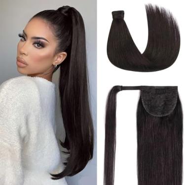 Imagem de Tinashe Extensões de cabelo humano de rabo de cavalo com clipe para rabo de cavalo, extensão de cabelo humano real longo liso envolver em torno de rabo de cavalo preto natural 100% Remy Extensão de rabo de cavalo para mulheres 55,88 cm (56,88 cm, #1B)