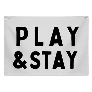 Imagem de Faixa de linho Play & Stay para berçário de sala de jogos, pendurar na parede neutra para decoração de quarto de bebê, arte rústica de quarto infantil para meninos e meninas, 71 x 50 cm - C03