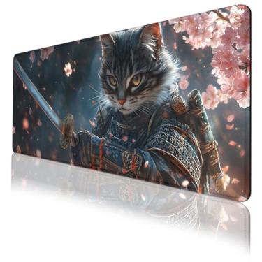 Imagem de Samurai Cat Mouse Pad, Sakura Exquisite Armor Katana Cat Extended Keyboard Mouse Mat para Computador Escritório, Big Laptop Mouse Pad, Gaming Pc 80 x 30 cm