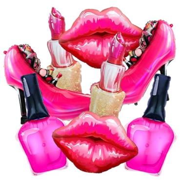 Imagem de 8Pcs Hot Pink Balloon Kit Red Lips, Lipstick, High Heels, Nail Polish Balloons Threenager Birthday Decorations Girl, Bachelorette Party, Girls Night, Makeup, Spa Party, Little miss Birthday Decor