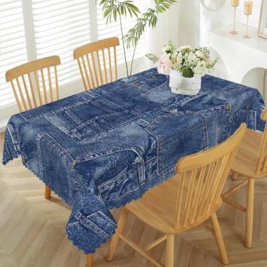 Imagem de TTQYFNM Toalha de mesa jeans de 137 x 274 cm, romântica, índigo, diversos, poliéster, estilo jeans vintage, capa de mesa para cozinha, sala de jantar, churrasco, piquenique, café, decoração de casa