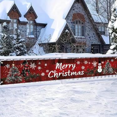 Imagem de BlissYard Faixa de Feliz Natal 395 x 50 cm Pano de fundo de madeira vermelha rústica flocos de neve boneco de neve pinheiros cerca de parede decoração de quintal para festa de Natal exibição interna e