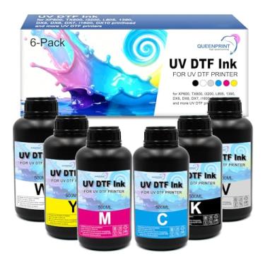 Imagem de Pacote com 6 tintas UV DTF (W/BK/C/M/Y+verniz, 500ml) para impressoras XP600, TX800, i3200, L805, 1390, DX5, DX6, DX7, i1600, DX10 UV e DTF para transferência de adesivos de filme, ideal para