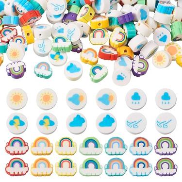 Imagem de Spritewelry 130 peças de contas de argila de polímero com tema climático fofas arco-íris nuvens sol planas redondas contas de argila espaçadoras soltas contas de artesanato para fazer joias, colar,