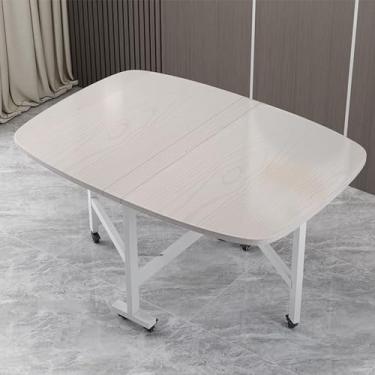 Imagem de HYUIO Mesa de jantar dobrável de madeira com design de folha suspensa para pequenos espaços, mesa de cozinha extensível e versátil com 6 rodas solução de economia de espaço para cozinha e sala de