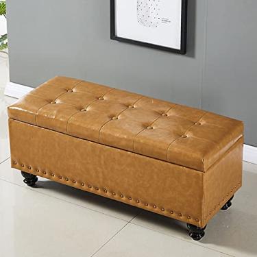 Imagem de Espreguiçadeira retangular, banco de couro para apoio para os pés, banco de quarto estofado moderno, com pernas de madeira, para quarto, pé da cama, sala de jantar, sala de estar, corredor